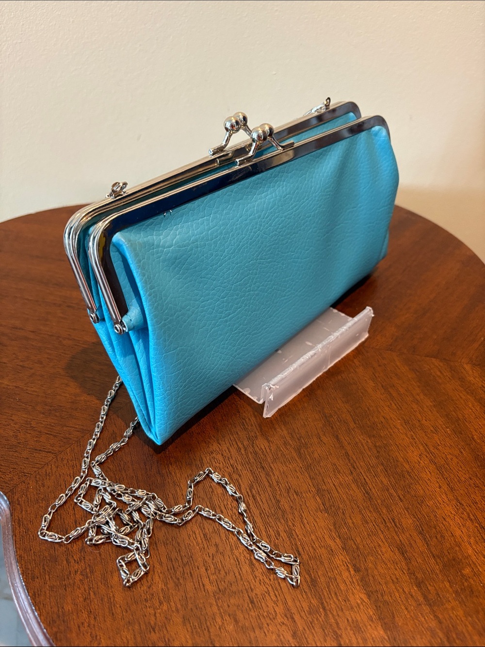 Turquoise double kiss lock Clutch Crossbody Bag wallet fold out cards/ID folde